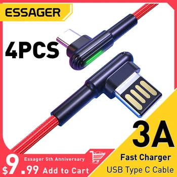 Essager 3A LED 90 Градуса USB Type C Кабел За Samsung Xiaomi Huawei P40 Бързо Зареждане Зарядно Устройство USB-C Дата Кабел Type-C Тел Кабел