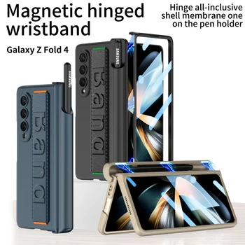 Ултратънък Брониран калъф за Samsung Galaxy Z Fold3 4 5G Калъф С Магнитна тръба на шарнирна Връзка Калъф С каишка на китката, За Z Fold 4 5G Калъф с S Pen