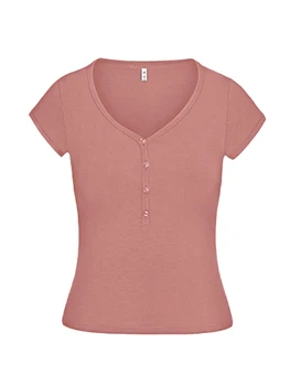 Дамски Секси тениски Henley копчета с V-образно деколте Y2K, трикотажни блузи в рубчик, съкратен Блузи с къс ръкав, Блузи, за да излезете на светлина (кафе XL)
